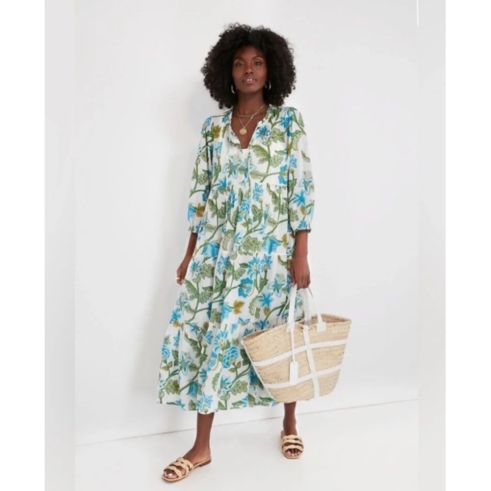 Tuckernuck Sea Glass Chintz Salty Paloma Caftan Maxi Dress Blue Green Floral 3XL
